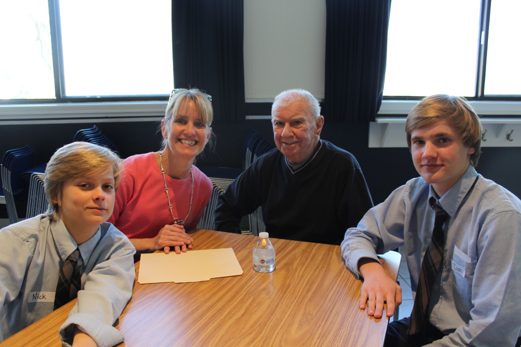 Pictured left to right are Sts. Peter’s and Paul’s student Nick Ransom, Karen McLaughlin, language arts teacher at Sts. Peter’s and Paul’s High School; Londonderry resident Frank Hinchion, and student Zach Pelczar. Forty-three eighth graders participated in this year’s intergenerational writing/interviewing experience with residents of Londonderry on the Tred Avon and seniors of the Talbot Community Center.