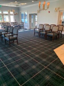 Community Center Renovation update – dining room carpet complete furniture staged for positioning