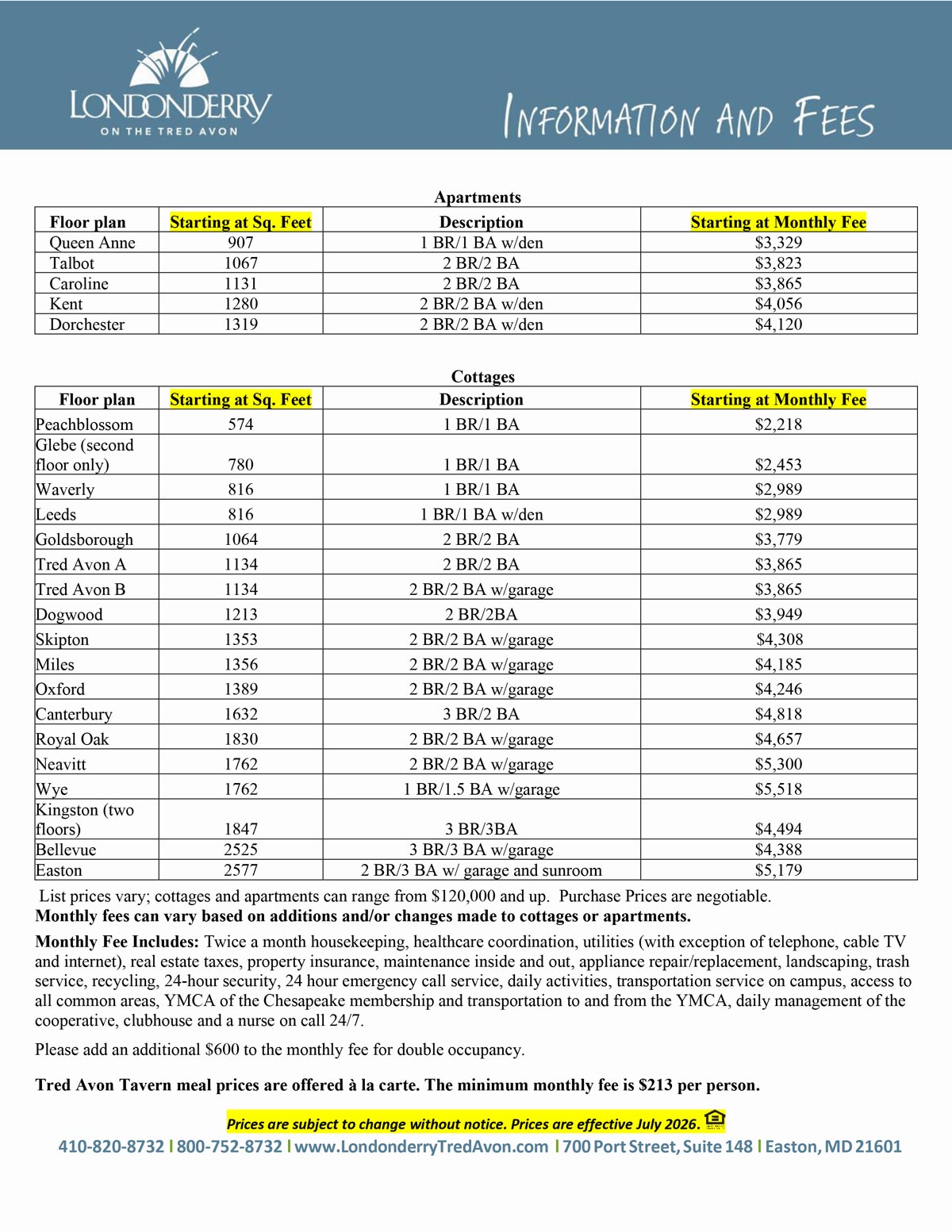 Londonderry monthly fees