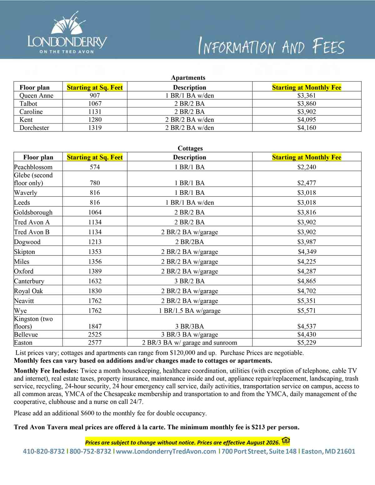 Londonderry monthly fees